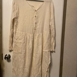 Long-Sleeve Cream Button-Front Gauze Dress